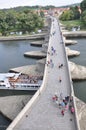 Ancient stone foot bridge.Cityscape image of Regensburg, with Old Stone Bridge over Danube