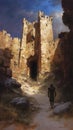 Ancient stone fortress with a weathered tower under a dynamic sky. Rough, rugged