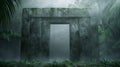 An ancient stone gateway stands shrouded in mist within a lush jungle, hinting at a mysterious hidden world beyond