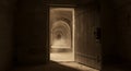Ancient Stone Hallway with Open Door and Dusty Light Royalty Free Stock Photo