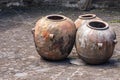 3 Ancient stone jars at Finca La Azotea, La Antigua, Guatemala