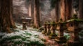 Ancient Stone Lanterns Guard a Forest Path in Spring Snow Royalty Free Stock Photo