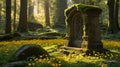 Mysterious Ancient Stone Structure in the Forest with Yellow Flowers and Moss Covered Rocks Royalty Free Stock Photo