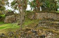 Ancient stone round house ruins with the iconic geometric pattern on the outside wall, Kuelap archaeological site in Peru