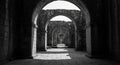 Ancient Stone Ruins Corridor Black and White Photography Royalty Free Stock Photo