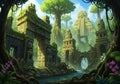 Ancient stone ruins in a dense jungle setting with towering trees. Structures feature pyramidal and Royalty Free Stock Photo
