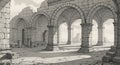Ancient stone ruins featuring a series of arches and columns, set in a desolate Royalty Free Stock Photo