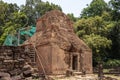 Ancient stone ruins of Preah Koh temple, Roluos, Cambodia. Old sandstone buddhist stupa. Archaeological site.