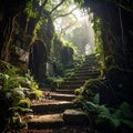 Ancient Stone Staircase Covered in Moss and Vines in a Lush Forest steps Royalty Free Stock Photo