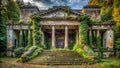 Ancient stone structure overgrown with lush greenery, majestic entrance with weathered columns and steps. Generative AI Royalty Free Stock Photo