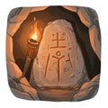 Ancient Stone Tablet with Carvings Inside a Dark Cave with Torch Light Royalty Free Stock Photo