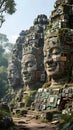 Ancient stone temple faces integrated with computer circuits and glowing tech elements in lush jungle setting, merging cultural Royalty Free Stock Photo