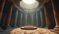 Ancient stone temple interior with circular opening sunlight rays. Tall columns surround stone floor and raised circular Royalty Free Stock Photo