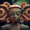 Ancient stone tribal statue. Mayan sculpture in the jungle. Ancient stone totem. Fictional character. AI-generated