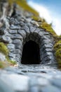 Ancient stone tunnel entrance in rocky mountainside Royalty Free Stock Photo