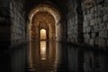 Ancient stone tunnel with water reflecting light in historical ruins Royalty Free Stock Photo