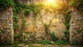 Ancient stone wall with lush greenery and golden sunlight. Generative AI Royalty Free Stock Photo