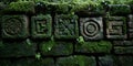 Ancient Stone Wall MossCovered Carvings Intricate Designs Royalty Free Stock Photo