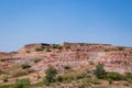 ancient stone wall at mountain top with blue sky from flat angle Royalty Free Stock Photo