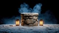 Ancient stone well with lanterns surrounded by mist on a dark background Royalty Free Stock Photo