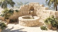 Ancient Stone Well with Palm Trees and Oasis Landscape, Desert Retreat Water Source Royalty Free Stock Photo