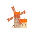 Ancient stone windmill building with millers house cartoon vector Illustration