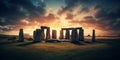 ruins of stonehenge, cloudy view from afar, twilight.