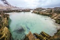 Ancient stones on the shores of cold Norwegian Sea at evening time. Lofoten islands. Beautiful Norway landscape. Royalty Free Stock Photo