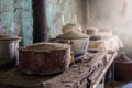 Ancient stove with dust covered pots in an old dirty kitchen