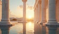 Ancient structure with white marble columns reflected in serene water at sunset. Peaceful scenery features classical Royalty Free Stock Photo
