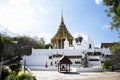 Ancient stupa chedi and antique ubosot of Wat Phra Phutthabat temple for thai people travel visit and respect praying blessing