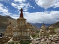 Ancient stupas in the mountains of Ladakh in the  valley of Sarah in India. Royalty Free Stock Photo