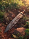 Ancient Sword Buried in the Earth A Close Up of a Rusty Blade in Grass Royalty Free Stock Photo