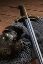 Ancient sword, chain armor and the soldier's helmet with horns Royalty Free Stock Photo