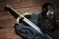 Ancient sword, chain armor and the soldier's helmet with horns Royalty Free Stock Photo