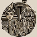 Ancient Symbols and Architecture, Egypt, Greece, Aztecs, Africa, Tribal Figures and Art Vector Round Illustration Royalty Free Stock Photo