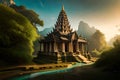 Ancient Ta Promh temple in the jungle, background AI generated illustration. Royalty Free Stock Photo