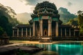 Ancient Ta Promh temple in the jungle, background AI generated illustration. Royalty Free Stock Photo