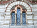 Ancient tall gothic stained glass window Royalty Free Stock Photo