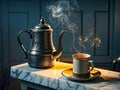 An ancient tea pot with a cup of warm tea Royalty Free Stock Photo
