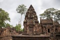 Ancient temple Banteay Srei, Angkor Wat, Cambodia. Mossy stone carved decor on hindu temple.