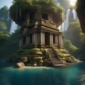 An ancient temple carved into the side of a floating island, surrounded by cascading waterfalls4