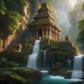 An ancient temple carved into the side of a floating island, surrounded by cascading waterfalls2