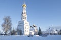 Ancient temple complex with a bell tower on a frosty January day, Zavidovo Royalty Free Stock Photo