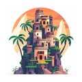 Ancient temple complex ensconced lush palms under setting sun. Stylized graphic ornate, multilevel