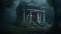 Ancient temple in forest at night, overgrown ruins of old building. Surreal mystical fantasy artwork. Generative AI Royalty Free Stock Photo