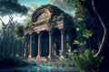 Ancient temple in jungle, old ruins in tropical forest and water, generative AI Royalty Free Stock Photo