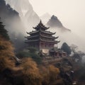 An ancient temple nestled amidst mist and mountain