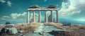 Ancient temple om mountain top in Greece, view of Greek ruins on blue sky background, landscape with old historical building and