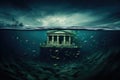 The ancient temple in the sea, underwater view. 3d rendering, Banking crisis, depiction of a bank sinking underwater, AI Generated